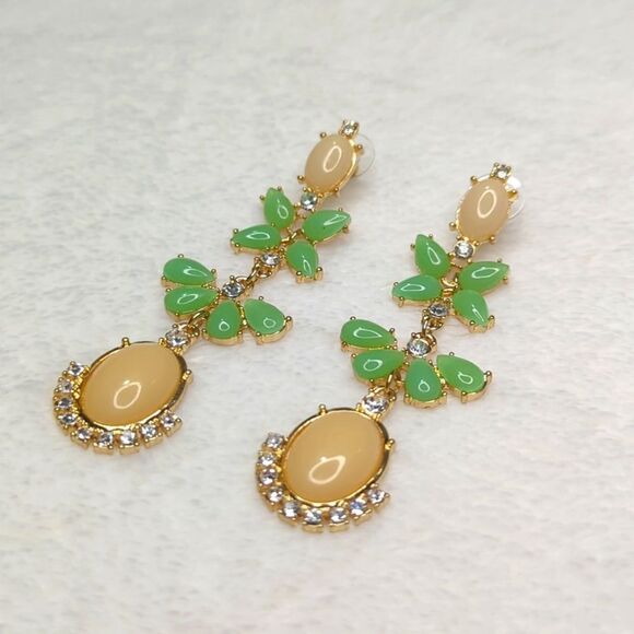 Lovely Apricot and Green Acrylic Cabochon Dangle Drop Pierced Earrings - Picture 2 of 5